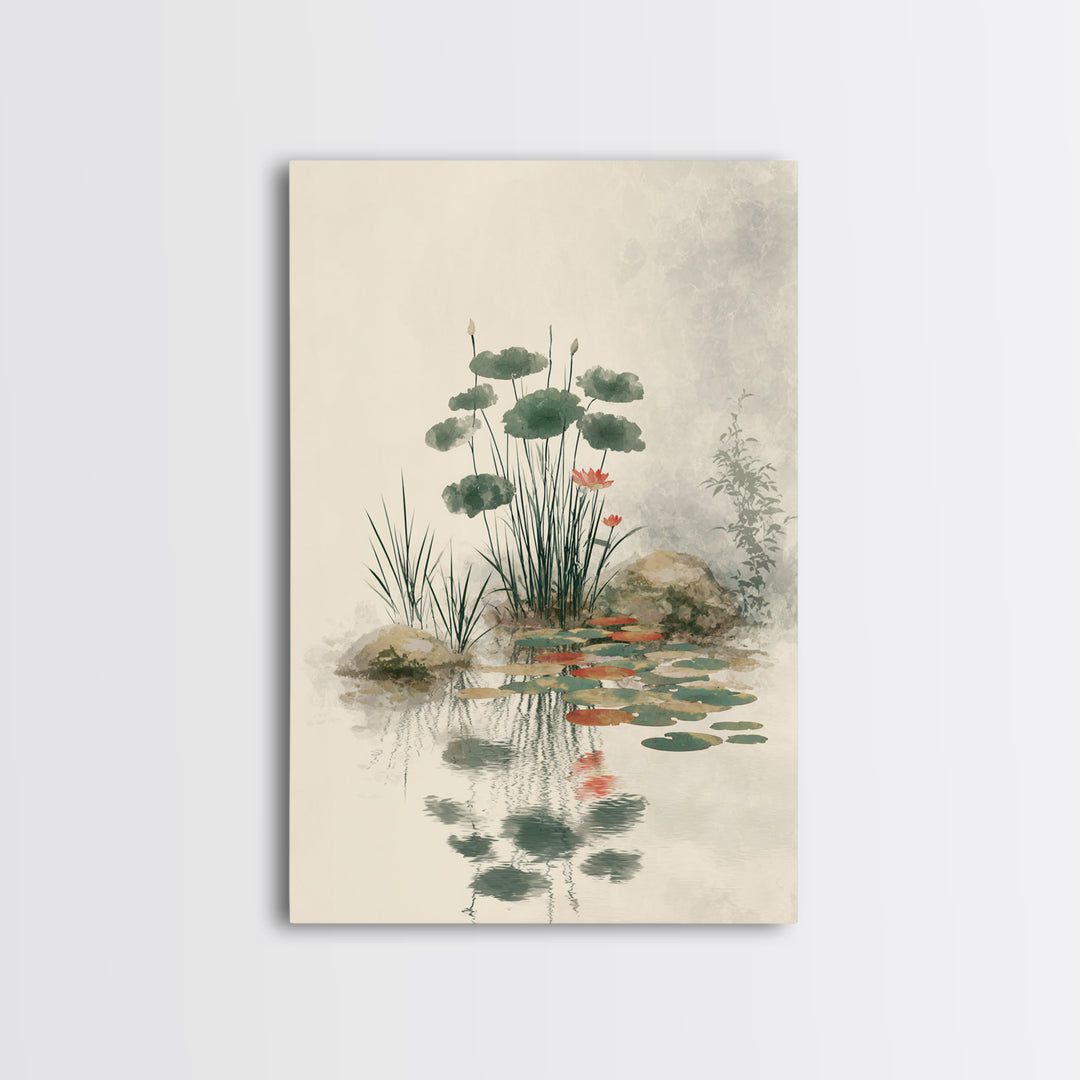 Moon Reflected in Quiet Pond Canvas Print, Zen Art, Living Room Decor, Oil Painting, Zen, Japanese Decor, Flower Print, ZEN-2x3-66