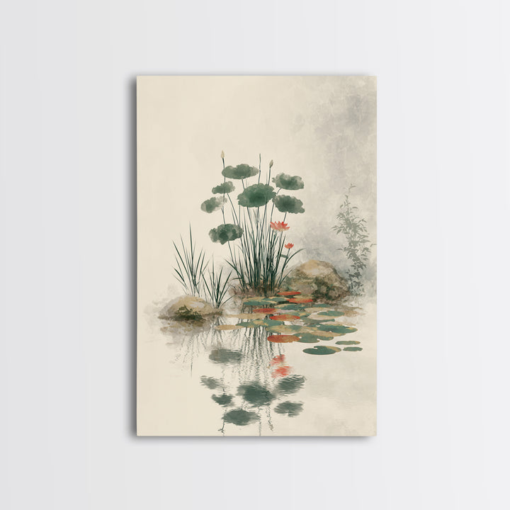 Moon Reflected in Quiet Pond Canvas Print, Zen Art, Living Room Decor, Oil Painting, Zen, Japanese Decor, Flower Print, ZEN-2x3-66