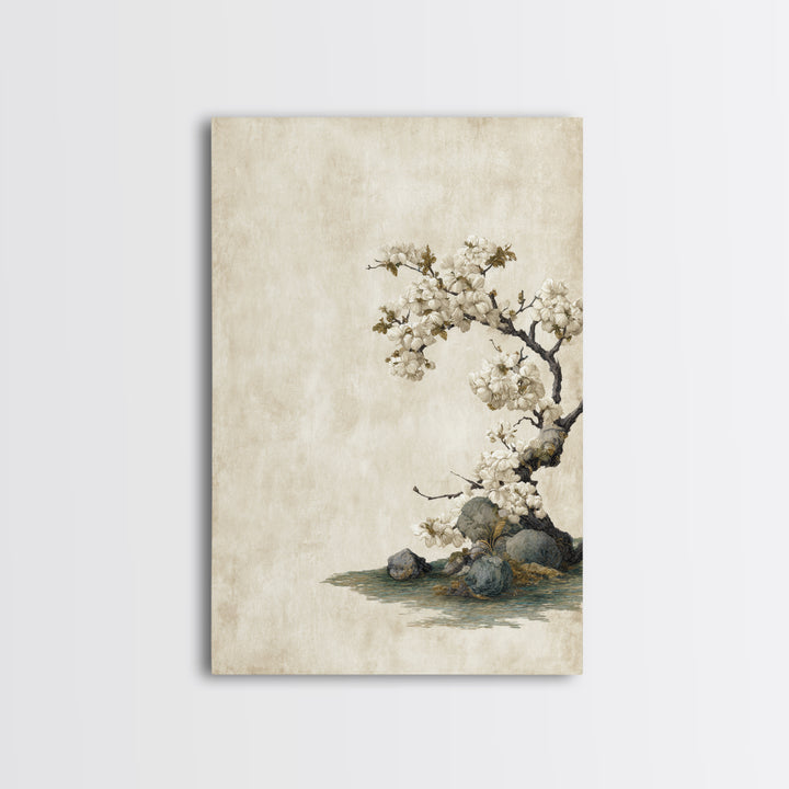 Falling Cherry Blossoms on Cream Ground Framed Canvas Print, Zen Art, Statement Artwork, Living Room Decor, Fine Art, Zen, ZEN-2x3-76