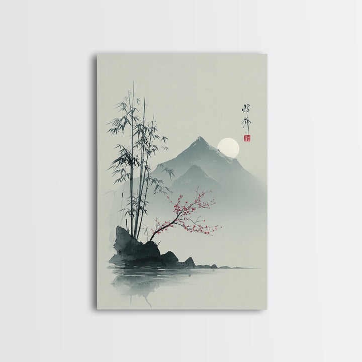 Minimal Mountain in Fog with Empty Space Framed Canvas Print, Zen Art, Contemporary Art, Living Room Decor, Oil Painting, Zen, ZEN-2x3-85