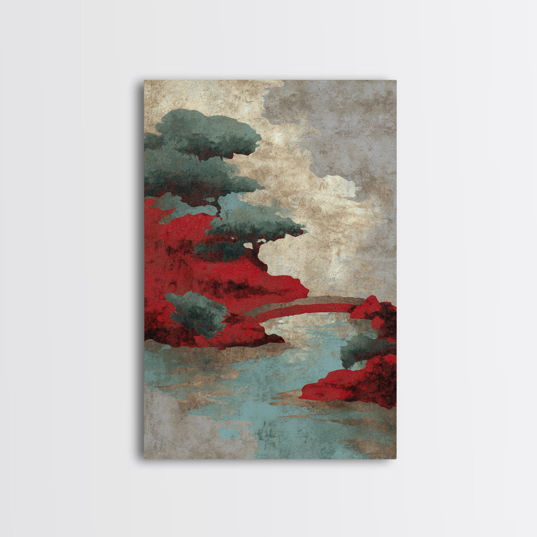Japanese Garden Bridge Implied Through Shapes Framed Canvas Print, Zen Art, Japandi Wall Art, Living Room Decor, Watercolor Art, ZEN-2x3-94
