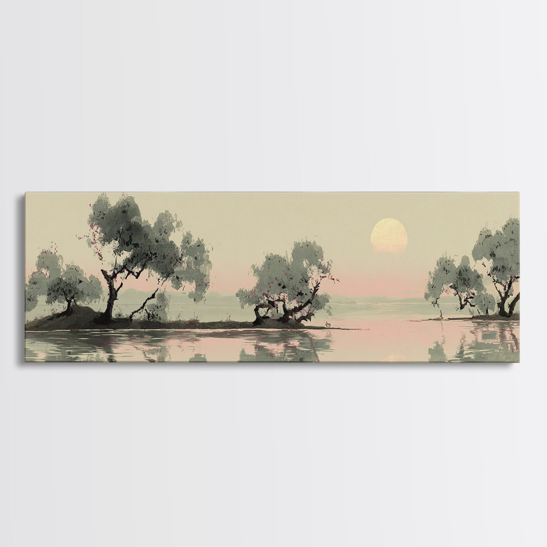 Moon Reflected in Quiet Pond Framed Canvas Print, Zen Art, Garden Art, Living Room Decor, Fine Art, Zen, Neutral Wall Art, ZEN-3x1-2