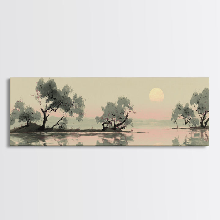 Moon Reflected in Quiet Pond Framed Canvas Print, Zen Art, Garden Art, Living Room Decor, Fine Art, Zen, Neutral Wall Art, ZEN-3x1-2