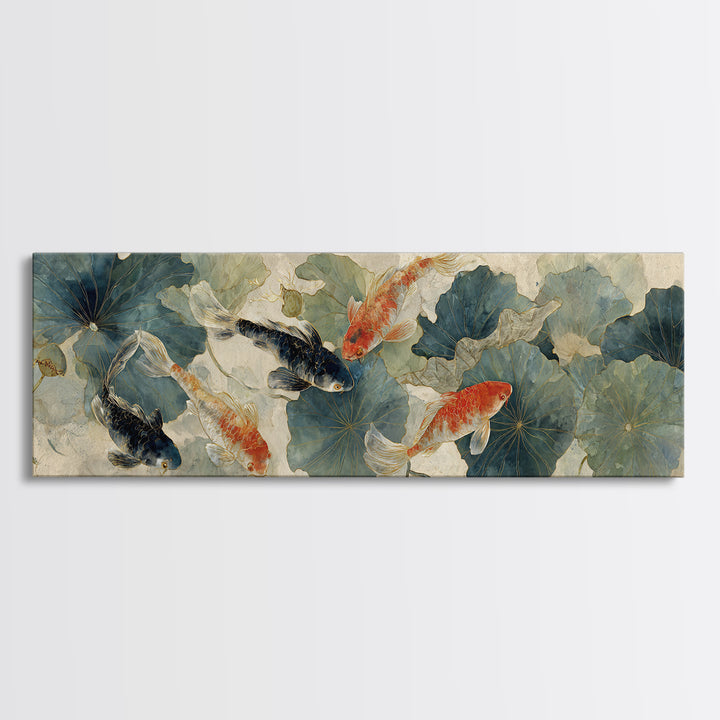Koi Fish Beneath Floating Lotus Leaves Canvas Print, Zen Art, Neutral Wall Art, Living Room Decor, Fine Art, Zen, ZEN-3x1-20
