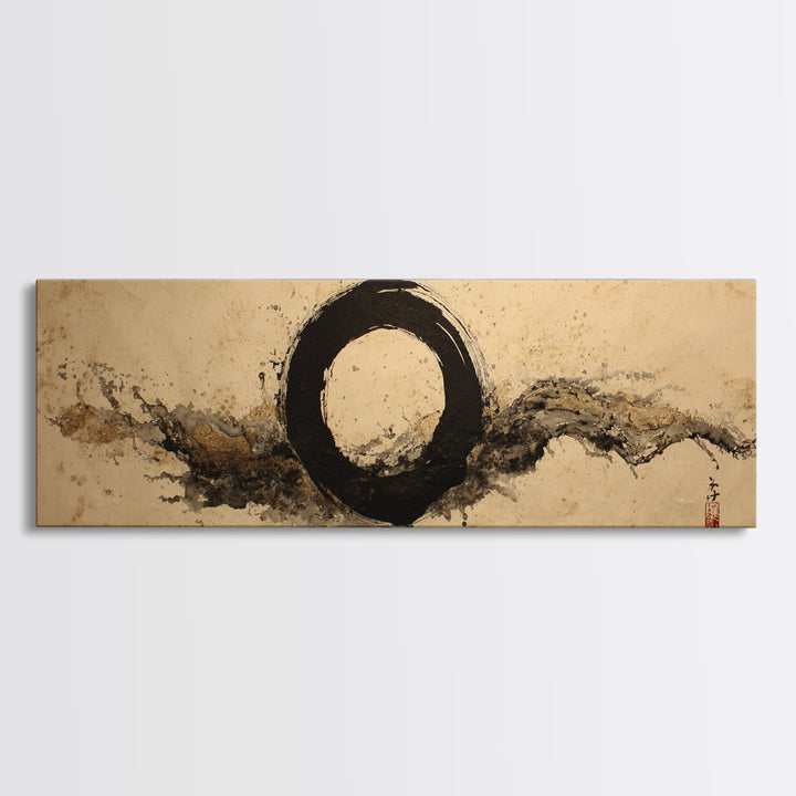 Single Black Ens Circle on Warm Paper Framed Canvas Print, Zen Art, Wall Art, Living Room Decor, Oil Painting, Zen, ZEN-3x1-89