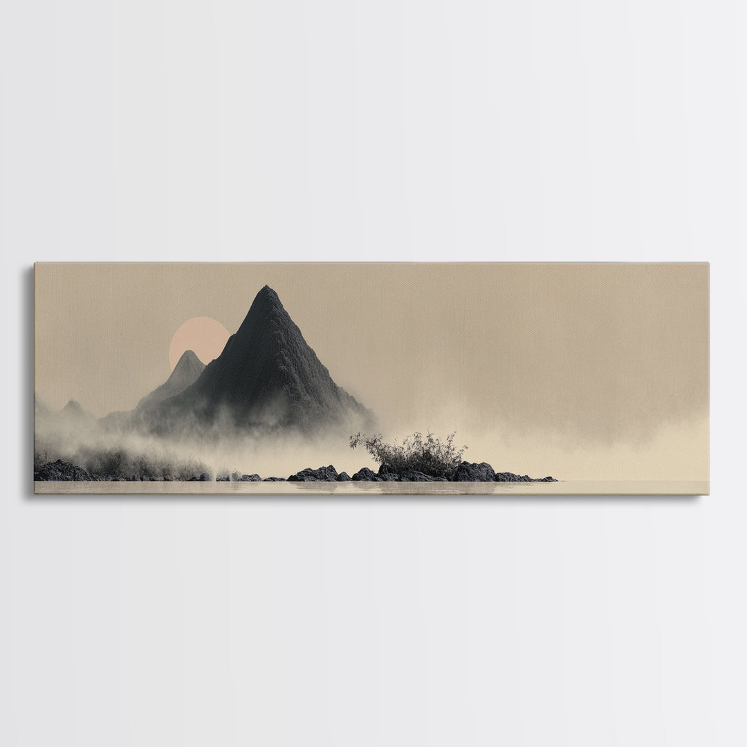 Minimal Mountain in Fog with Empty Space Canvas Print, Zen Art, Home Decor, Living Room Decor, Oil Painting, Zen, Boho Wall Art, ZEN-3x1-93