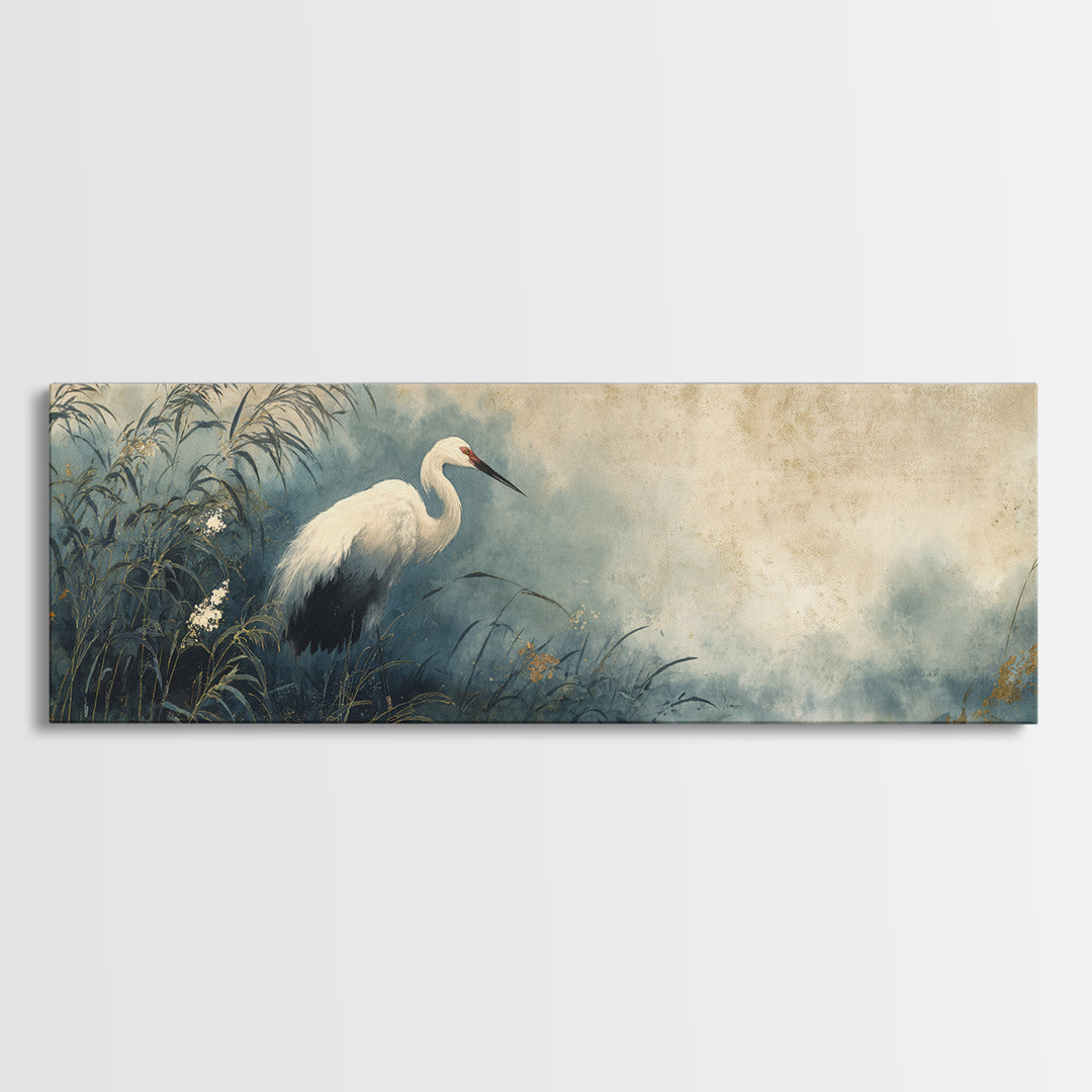 White Crane Standing Canvas Print, Zen Art, Japanese Art, Living Room Decor, Oil Painting, Zen, Contemporary Art, Gallery Decor, ZEN-3x1-95