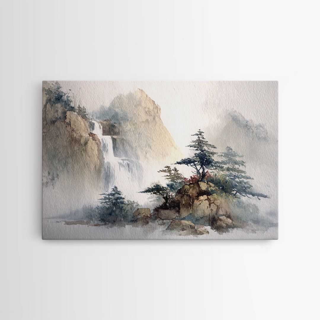 Ink Wash Waterfall Framed Canvas Print, Zen Art, Fine Art Print, Living Room Decor, Abstract Art, Zen, Printable Wall Art, ZEN-3x2-25