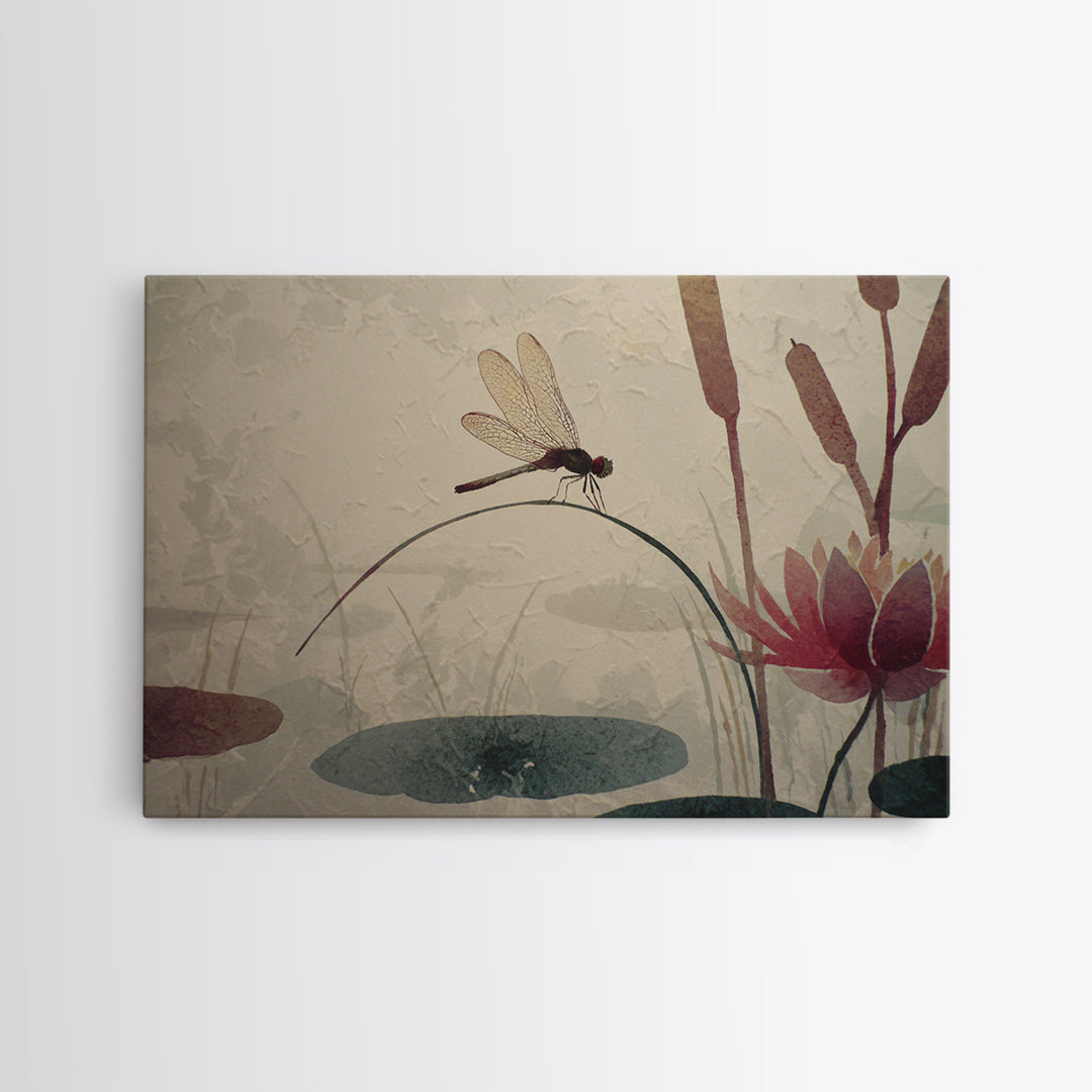 Dragonfly over Lotus Pond Canvas Print, Zen Art, Textured Painting, Living Room Decor, Watercolor Art, Zen, Abstract Art, ZEN-3x2-44