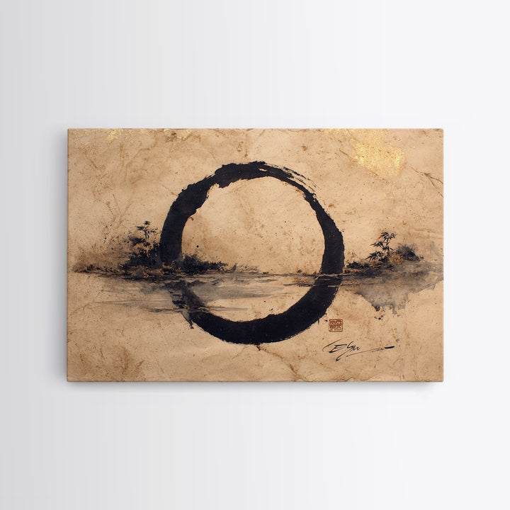Single Black Ens Circle on Warm Paper Framed Canvas Print, Zen Art, Statement Artwork, Living Room Decor, Fine Art, Zen, ZEN-3x2-5