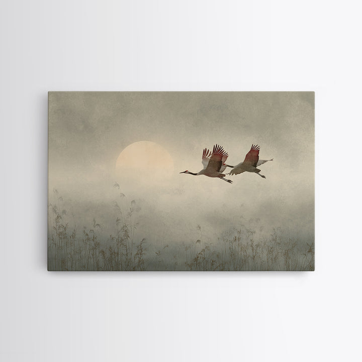 Crane Flying Across Pale Sun Canvas Print, Zen Art, Boho Decor, Living Room Decor, Abstract Art, Zen, Original Painting, ZEN-3x2-52