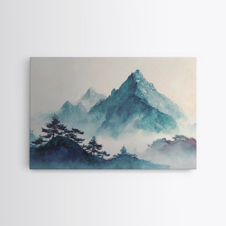 Minimal Mountain in Fog with Empty Space Canvas Print, Zen Art, Boho Decor, Living Room Decor, Fine Art, Zen, Original Painting, ZEN-3x2-57