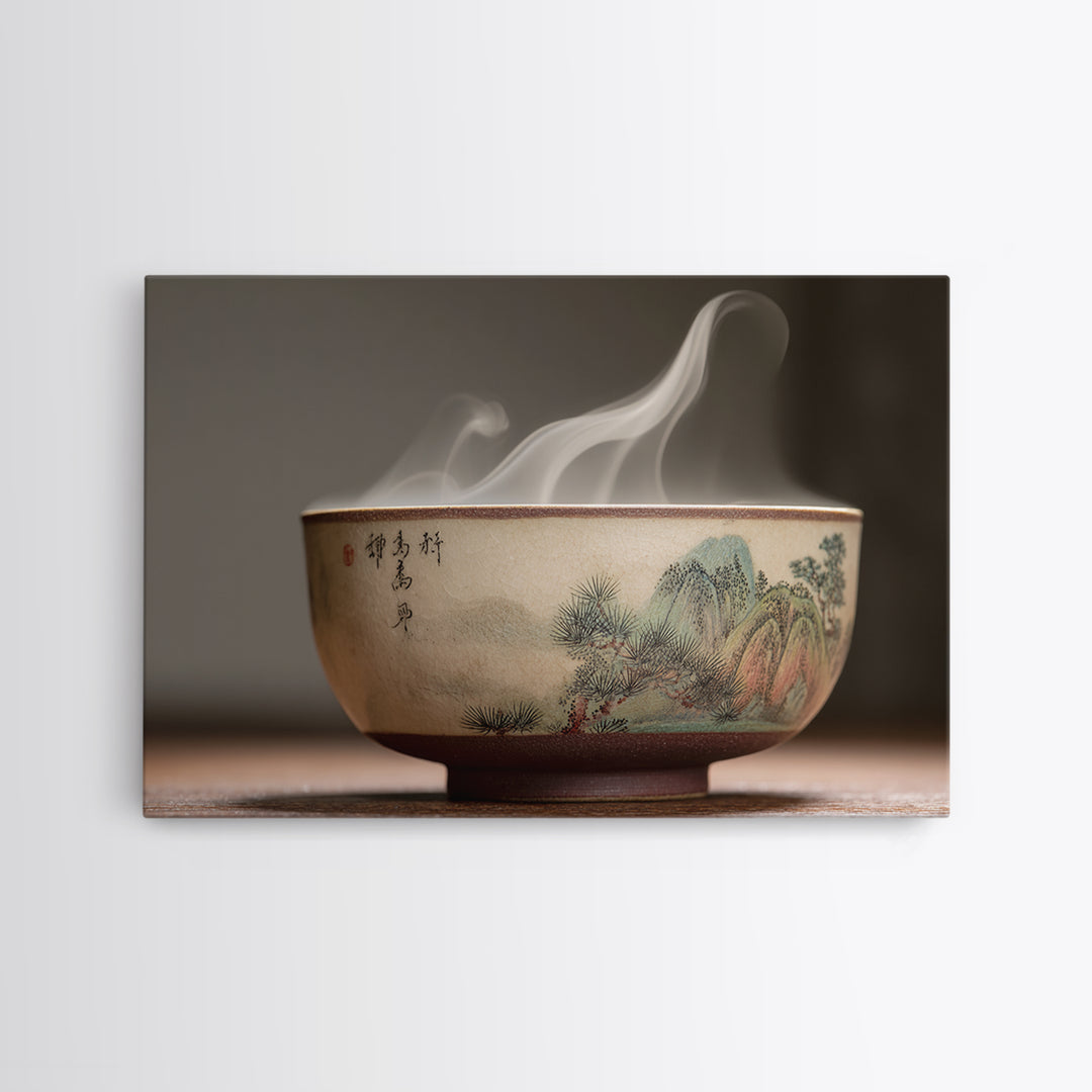 Tea Bowl with Steam Rising Gently Framed Canvas Print, Zen Art, Metal Wall Art, Living Room Decor, Zen, Japandi Wall Art, ZEN-3x2-60