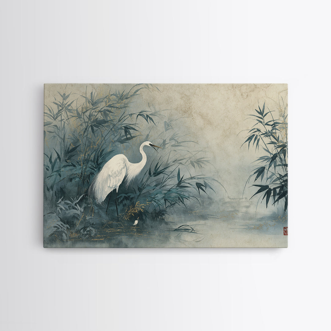 White Crane Standing Canvas Print, Zen Art, Japanese Decor, Living Room Decor, Fine Art, Zen, Luxury Decor, Textured Painting, ZEN-3x2-83