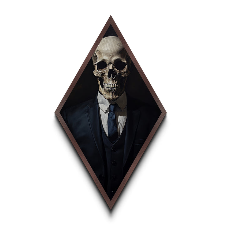"Death in a Suit" Skeleton in Business Attire Canvas Embossed Print, Dark Academia Diamond Shaped Art for Gothic Office or Halloween Wall Decor