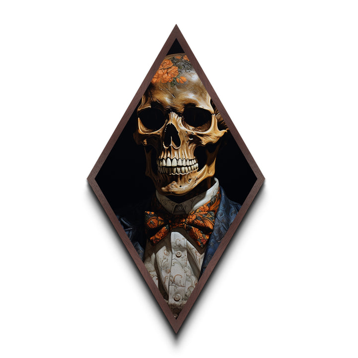 "Florals for the Dead" Skeleton with Flowered Skull and Pumpkin Bowtie Canvas Art Print, Diamond Shaped Halloween Decor in Gothic Baroque Style