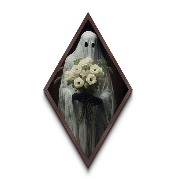 "Ghost with Flowers" Diamond Shaped Art Spirit Holding White Bouquet Canvas Art Print, Gothic Halloween Decor in Dark Academia Romantic Style