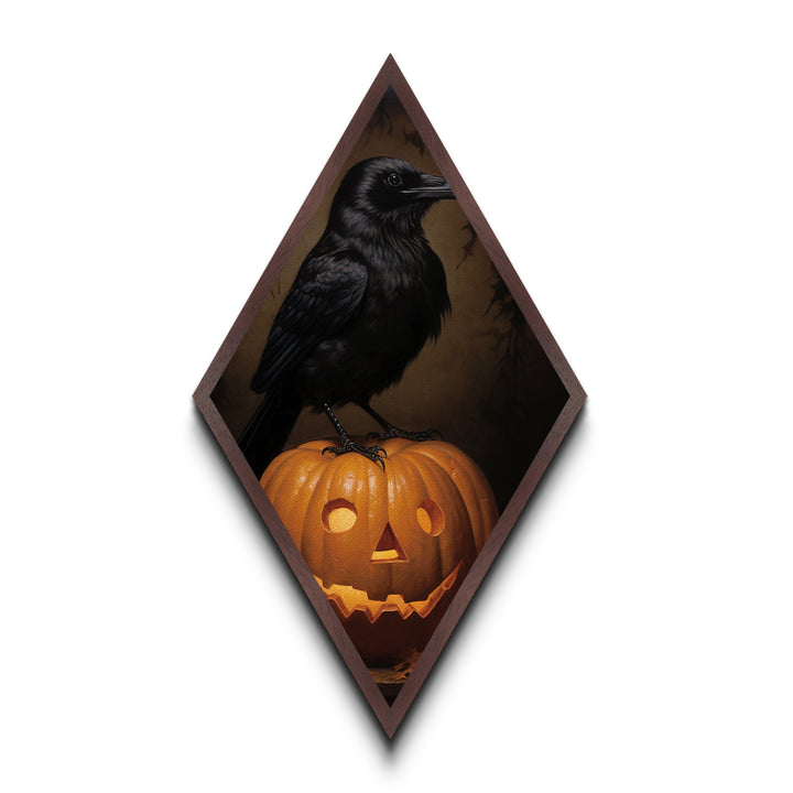 "Crow and Lantern" Gothic Halloween Crow on Pumpkin Canvas Embossed Print, Diamond Shaped Art for Dark Academia or Spooky Autumn Wall Decor