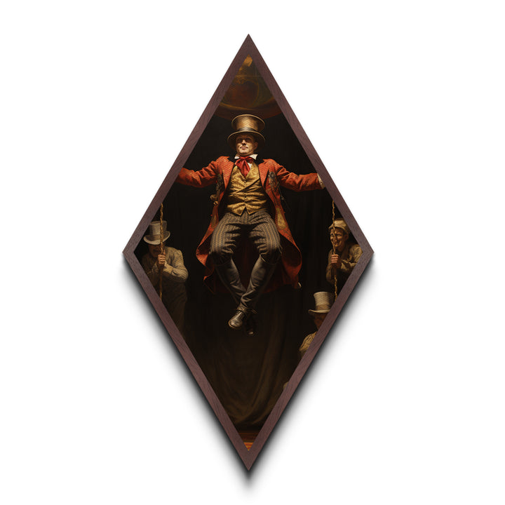 "Midair Proclamation" Victorian Ringmaster in Flight Canvas Art Print, Diamond Shaped Dark Academia Decor for Haunted Circus Halloween
