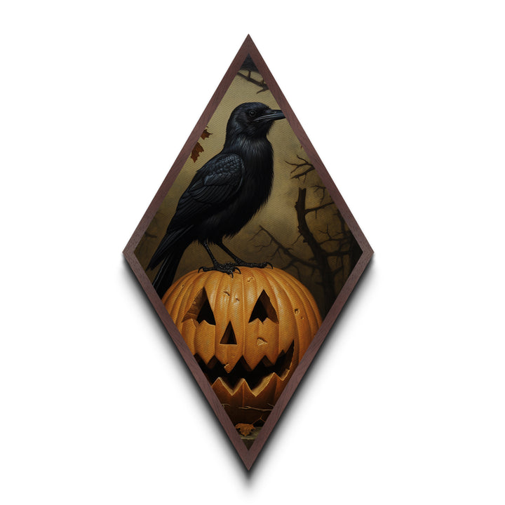 "Nevermore Pumpkin" Diamond Shaped Art of Crow on Pumpkin Canvas Art Print, Moody Halloween Wall Decor for Gothic and Dark Academia Homes