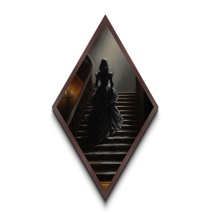 "Echoes Upstairs" Diamond Shaped Art of Victorian Woman Ascending Stairs Canvas Art Print, Gothic Haunted House Halloween Wall Decor