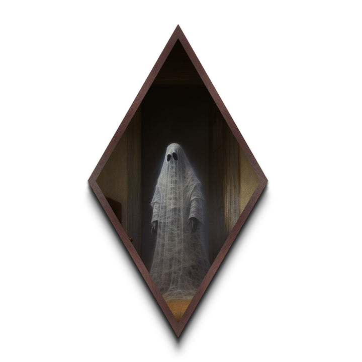 "The Hallway Pause" Diamond Shaped Art of Ghost in Doorway Canvas Art Print, Gothic Halloween Decor with Dark Academia Haunted House Vibes