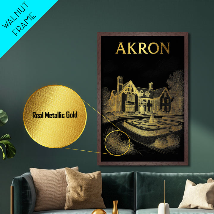 Akron Ohio travel, Metallic Gold Art, Modern House Art, Metal Art, Wood Framed Art, Traveler Gift, Destination Gift