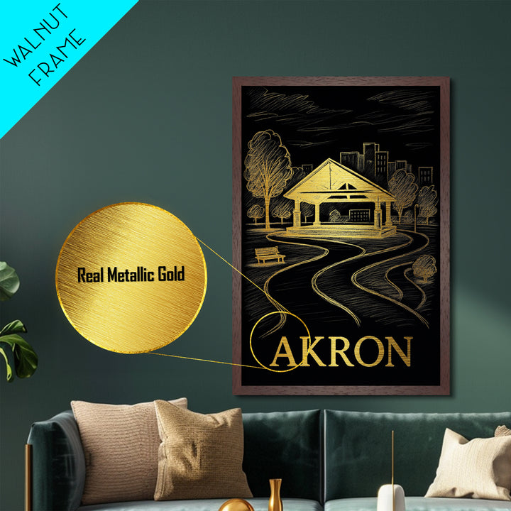 Akron Ohio art, Metallic Gold Print, Modern House Art, Metal Art, Wood Framed Art, Destination Gift, Graduation Travel Gift
