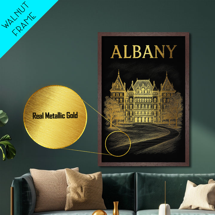 Albany New York travel, Metallic Gold Art, College Dorm Décor, Metal Art, Wood Framed Art, Graduation Travel Gift, Travel Gift