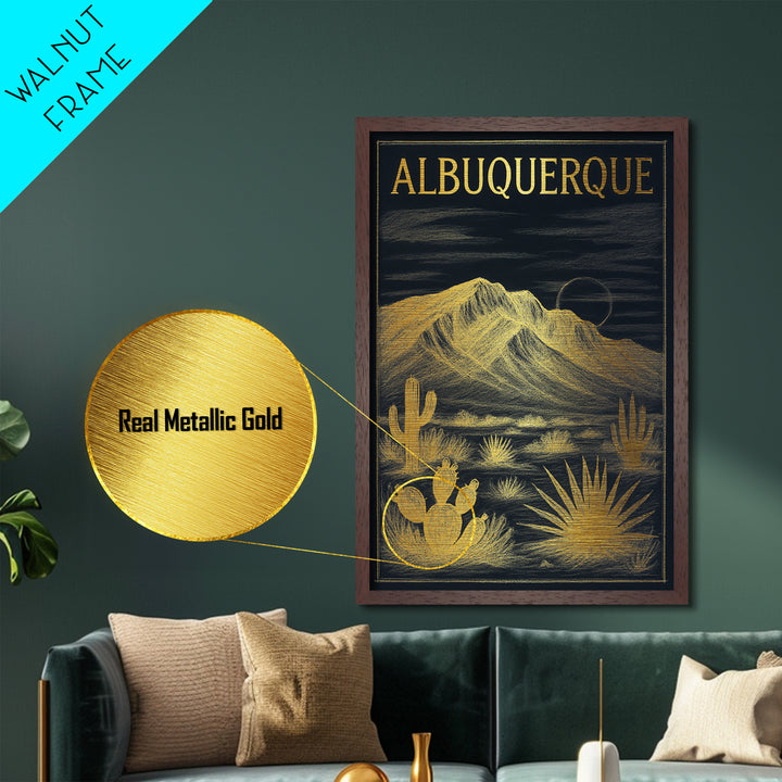 Albuquerque New Mexico travel, Metallic Gold Art, Modern Skyline Wall Print, Metal Art, Wood Framed Art, Travel Gift, Adventure Lover Gift