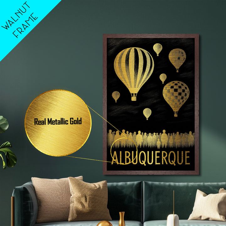 Albuquerque New Mexico art, Metallic Gold Print, Housewarming Gift, Metal Art, Wood Framed Art, Newlywed Travel Gift, Honeymoon Gift
