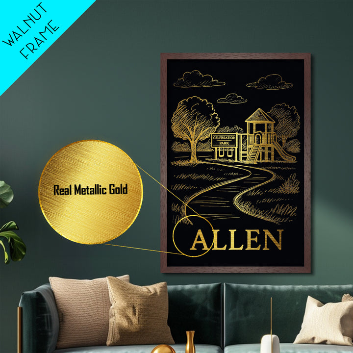 Allen Texas art, Metallic Gold Print, Office Decor, Metal Art, Wood Framed Art, Adventure Lover Gift, Traveler Gift