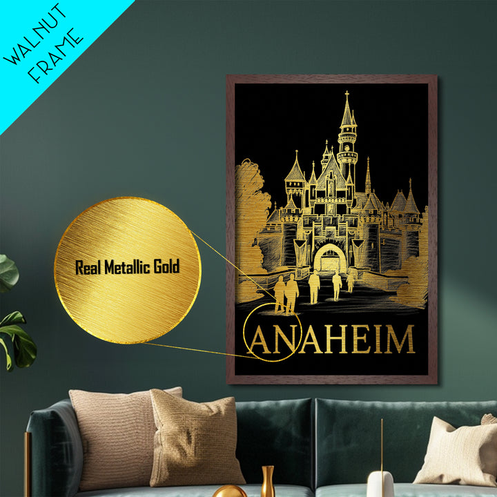 Anaheim California art, Metallic Gold Print, Housewarming Gift, Metal Art, Wood Framed Art, Newlywed Travel Gift, Honeymoon Gift