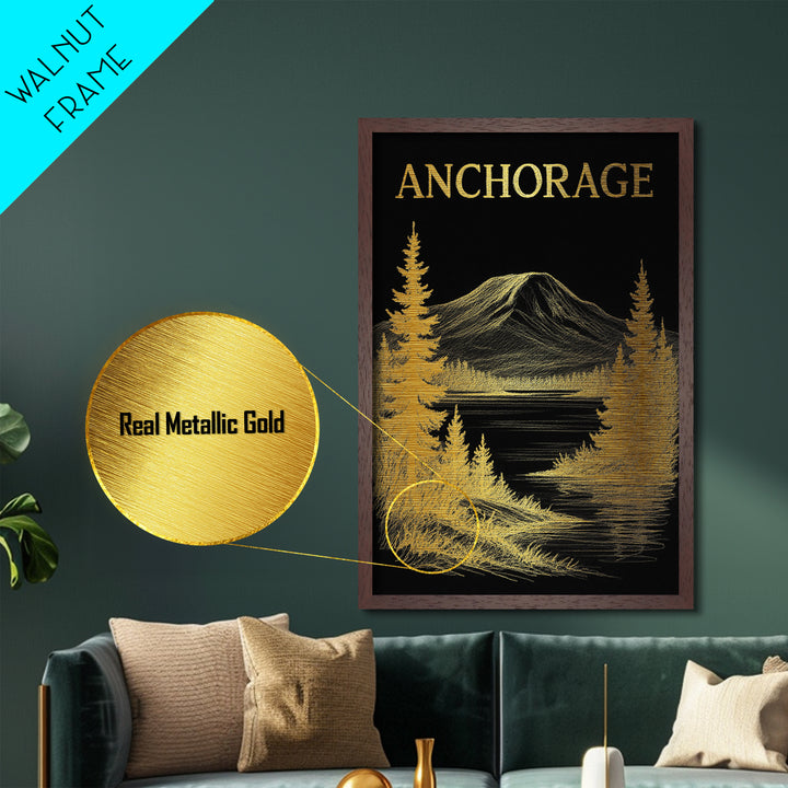 Anchorage Alaska travel, Metallic Gold Art, Modern Skyline Wall Print, Metal Art, Wood Framed Art, Adventure Lover Gift, Travel Gift
