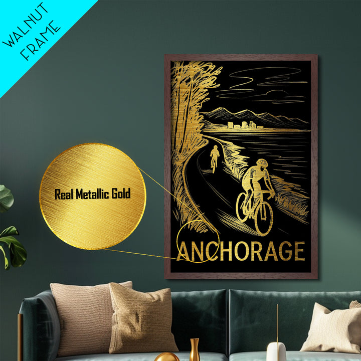 Anchorage Alaska art, Metallic Gold Print, Modern House Art, Metal Art, Wood Framed Art, Destination Gift, Traveler Gift