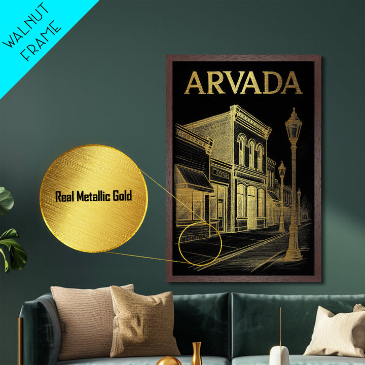Arvada Colorado travel, Metallic Gold Art, Modern Skyline Wall Print, Metal Art, Wood Framed Art, Adventure Lover Gift, Travel Gift