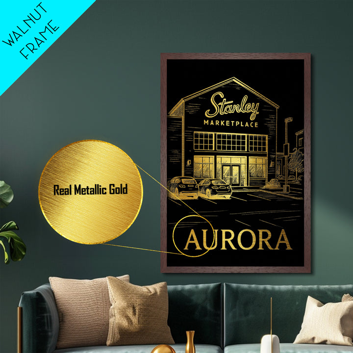 Aurora Illinois travel, Metallic Gold Art, Modern Skyline Wall Print, Metal Art, Wood Framed Art, Adventure Lover Gift, Travel Gift