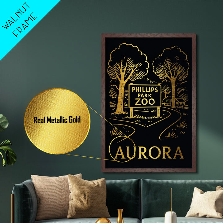 Aurora Illinois art, Metallic Gold Print, Housewarming Gift, Metal Art, Wood Framed Art, Newlywed Travel Gift, Honeymoon Gift