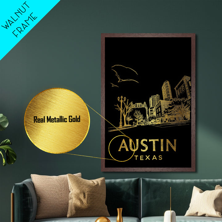 Austin Texas travel, Metallic Gold Art, Closing Gift, Metal Art, Wood Framed Art, Anniversary Travel Gift, Retirement Travel Gift