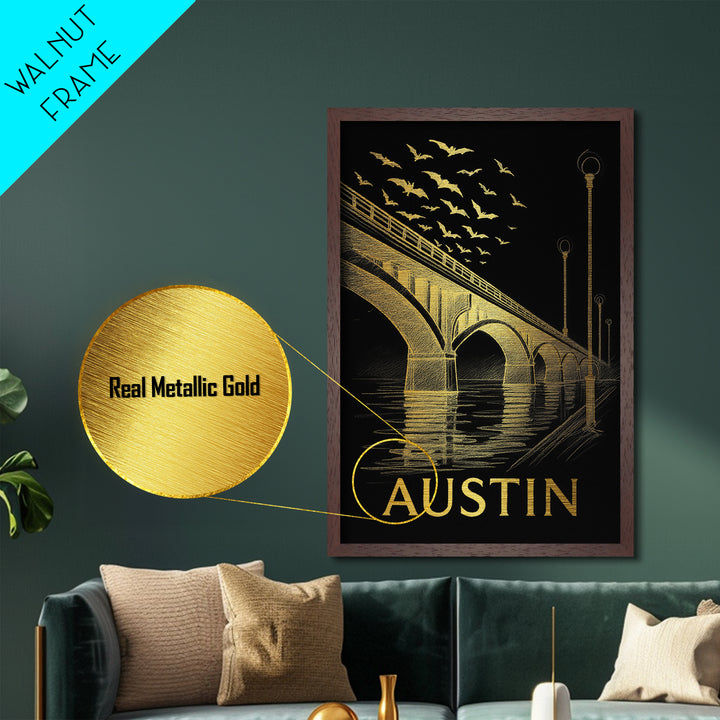Austin Texas travel, Metallic Gold Art, Modern House Art, Metal Art, Wood Framed Art, Wanderlust Gift, Travel Art Prints