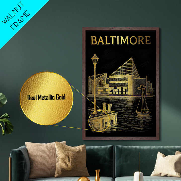 Baltimore Maryland travel, Metallic Gold Print, Modern House Art, Metal Art, Wood Framed Art, Traveler Gift, Destination Gift