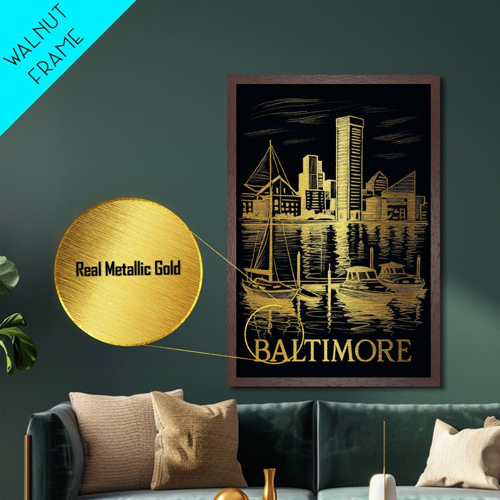 Baltimore Maryland art, Metallic Gold Art, Best Friend Gifts, Metal Art, Wood Framed Art, Birthday Travel Gift, Graduation Travel Gift