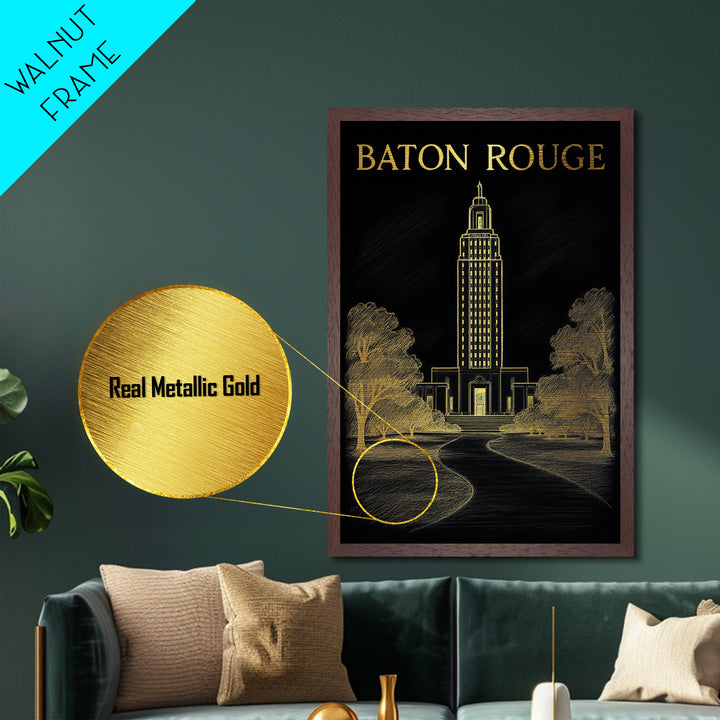 Baton Rouge Louisiana travel, Metallic Gold Print, College Dorm Décor, Metal Art, Wood Framed Art, Graduation Travel Gift, Travel Gift