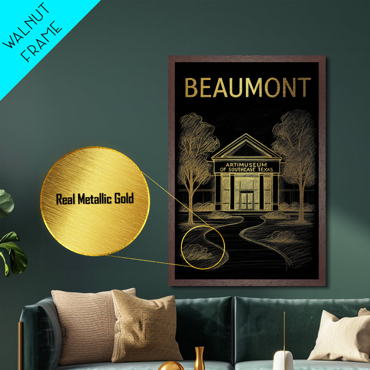 Beaumont Texas travel, Metallic Gold Print, Closing Gift, Metal Art, Wood Framed Art, Anniversary Travel Gift, Retirement Travel Gift