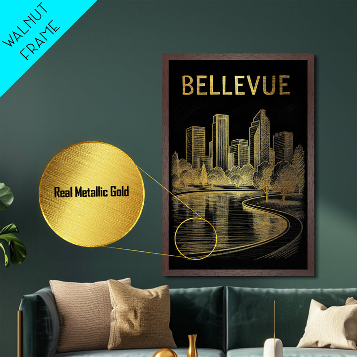 Bellevue Washington travel, Metallic Gold Print, Modern House Art, Metal Art, Wood Framed Art, Wanderlust Gift, Travel Art Prints