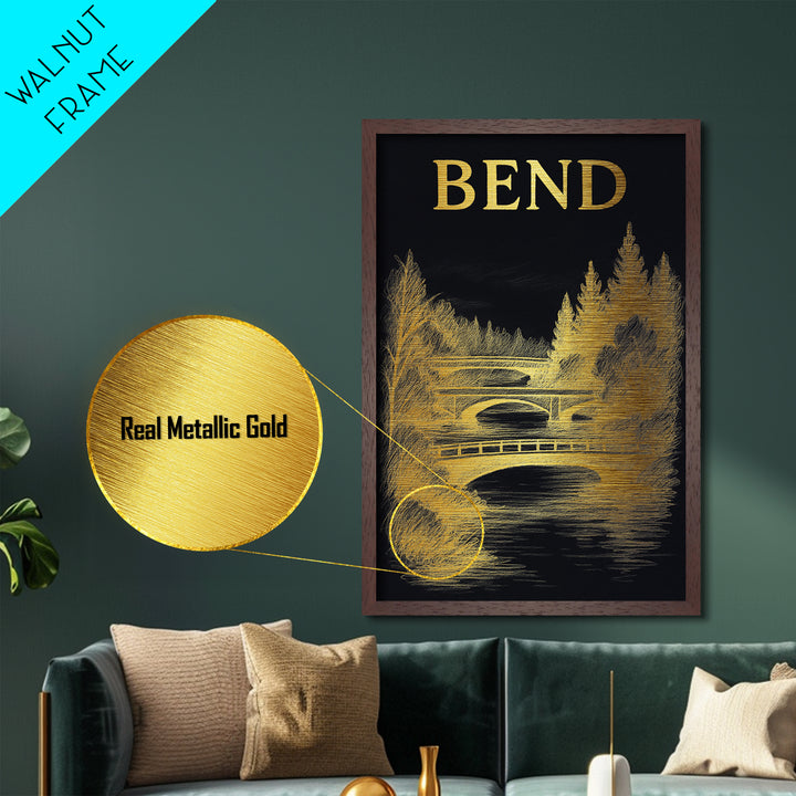 Bend Oregon travel, Metallic Gold Print, Modern House Art, Metal Art, Wood Framed Art, Traveler Gift, Destination Gift