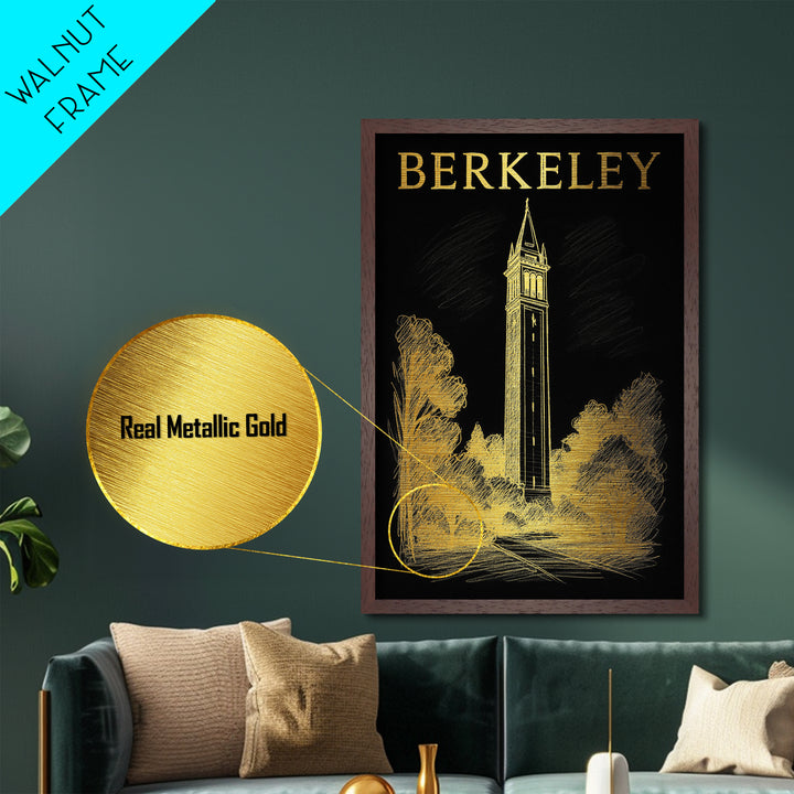 Berkeley California travel, Metallic Gold Print, College Dorm Décor, Metal Art, Wood Framed Art, Graduation Travel Gift, Traveler Gift