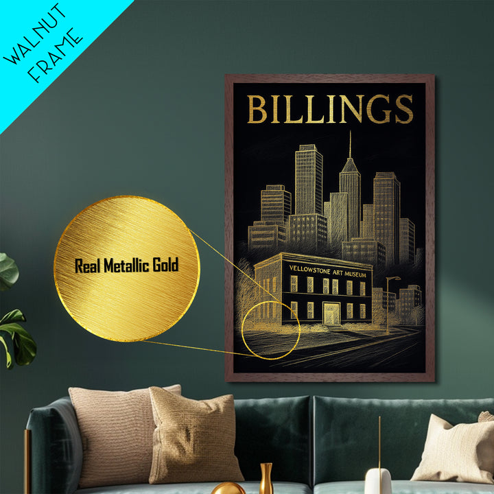 Billings Montana travel, Metallic Gold Print, Modern Skyline Wall Print, Metal Art, Wood Framed Art, Adventure Lover Gift, Travel Gift