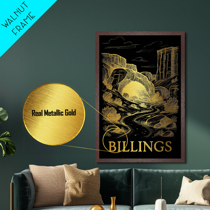 Billings Montana art, Metallic Gold Art, Housewarming Gift, Metal Art, Wood Framed Art, Newlywed Travel Gift, Honeymoon Gift