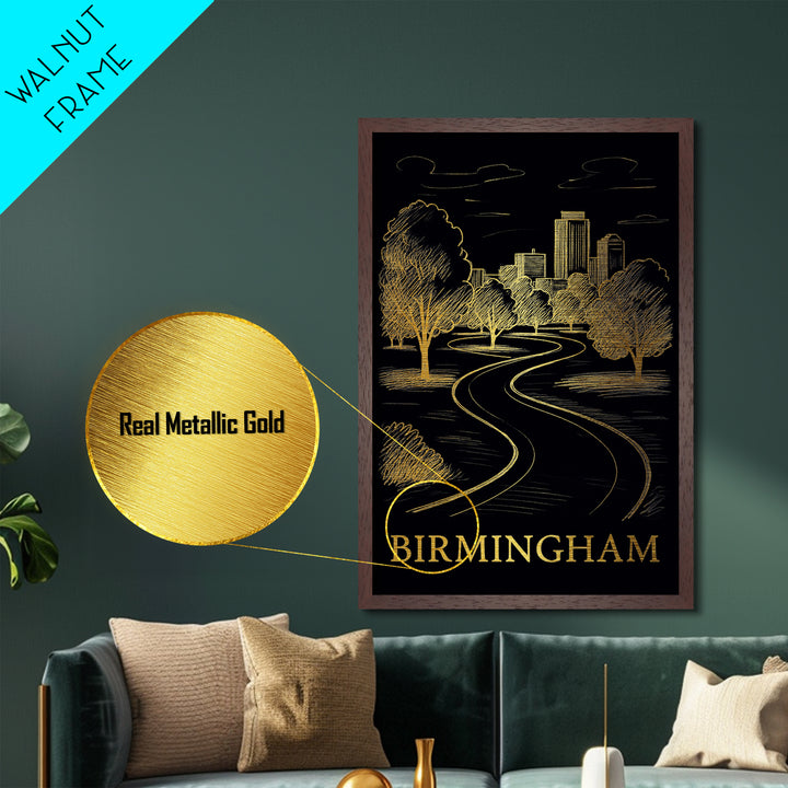 Birmingham Alabama art, Metallic Gold Art, Office Decor, Metal Art, Wood Framed Art, Graduation Travel Gift, Destination Gift